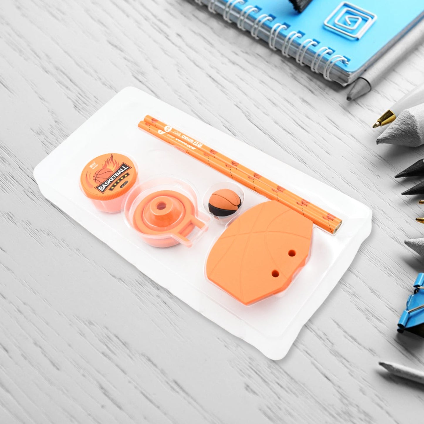Football & Basketball Stationery Kit – Pencil, Sharpener & Eraser (Birthday Gift)