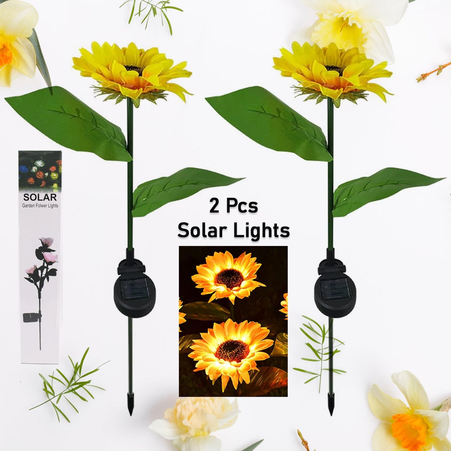 2 Pc Outdoor Solar Sunflower Lights – Waterproof Garden Landscape Stake Light