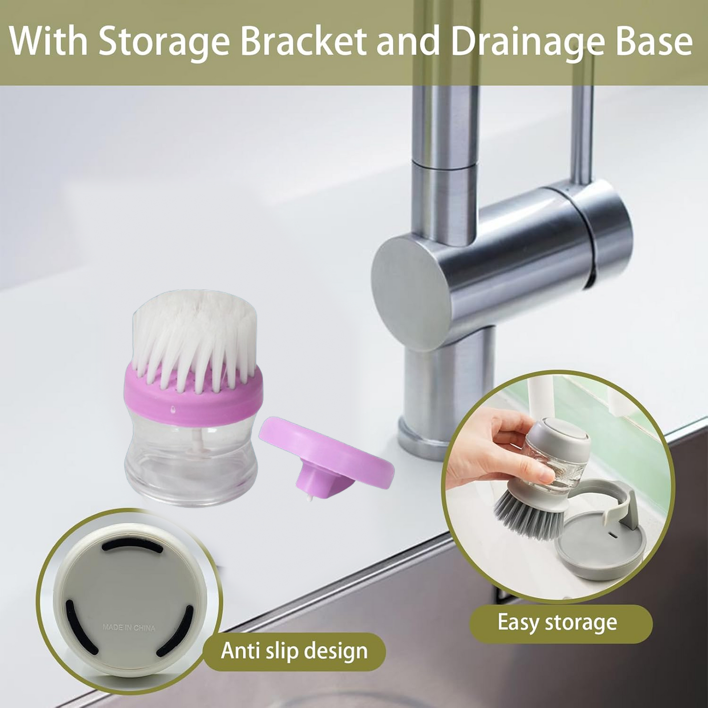 Plastic Wash Basin Brush Cleaner with Liquid Soap Dispenser (Multicolour)